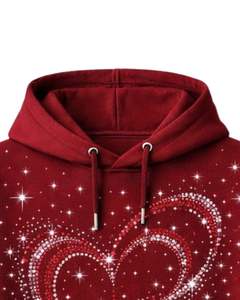 เสื้อฮู้ดดี้สีแดงประดับเพชรรูปหัวใจ ทรงโอเวอร์ไซส์ ผ้าฟลีซหนานุ่ม มีกระเป๋าจิงโจ้ ผลิตเสื้อผ้าสตรีทแวร์ตามสั่งสำหรับผู้ชาย - Product Image 2