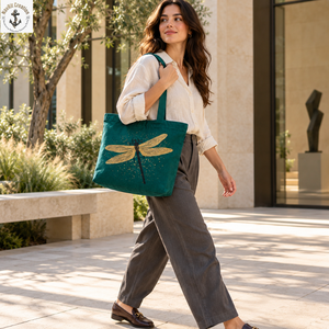 Bolsa de Lona Verde Esmeralda con Estampado de Libélula Dorada |   Bolso de hombro para uso diario con asas largas y diseño inspirado en la naturaleza - Product Image 3
