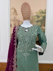 Anarkali Style Front Back Embroidery Work Knee Length <b>Top</b> Bottom Dupatta Set Georgette Silk Multi Color Reversible Party Wear - Product Image 5