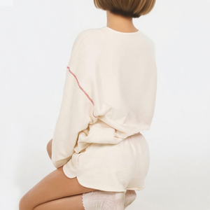 Women Cream Tracksuit Set Full Sleeve Crew Neck Loose Fit Solid Color Breathable Cotton Summer Casual Wear Shorts Elastic Waist - Product Image 3