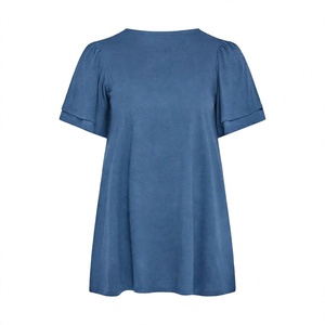 Camiseta informal azul de manga corta para mujer, cuello redondo de color liso, corte holgado, elegante, a la moda, para uso diario, ropa de verano - Product Image 2