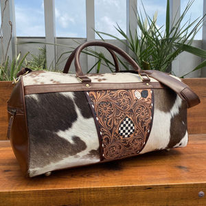 Bolsa de fin de semana de cuero genuino con estampado de cuadros Unisex, conjuntos combinados de bolsa de lona de viaje de piel de vaca, superventas - Product Image 6