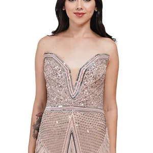 Robe de soirée de luxe sans bretelles, entièrement perlée, avec fente haute, style sirène, pour femmes - Product Image 6