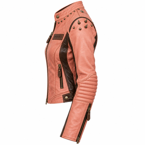 Chaqueta de cuero genuino para mujer, color marrón coral, estilo motero, con gráfico de zorro personalizado, mangas acanaladas y adornos de estrellas. Proveedor de prendas de abrigo. - Product Image 4
