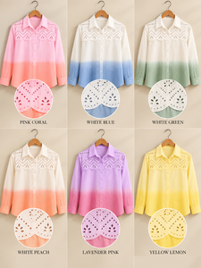 Camisa de Popelina Rosa Degradado para Mujer con Bordado Calado, Cuello Vuelto, Manga Larga, Estilo Casual con Botones - Product Image 3
