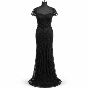 Women's Black Beaded Sequin Mermaid <b>Evening</b> <b>Dress</b> | Sheer Sleeve Floor Length Formal Gown Elegant Party <b>Wedding</b> Guest <b>Dress</b> Gown - Product Image 1