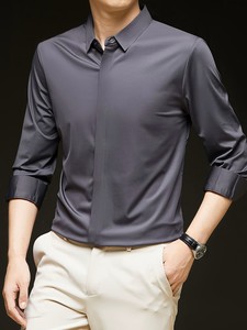 Camisa de Vestir Satinada para Hombre, Corte Entallado, Manga Larga, Cuello Clásico, Color Sólido, Antiarrugas, Estilo Casual Elegante - Product Image 6