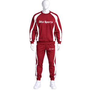 Crimson Red Panel Sweatsuit Unisex <b>Crewneck</b> Sweatshirt Jogger Pants Set Contrast Stripe Active Sports Training Casual Outfit - Product Image 1