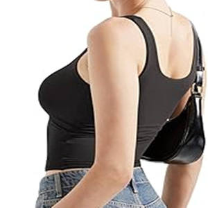 เสื้อครอปท็อปไร้ตะเข็บ คอกว้าง แขนกุด สีดำล้วน สำหรับโยคะและออกกำลังกาย - Product Image 2