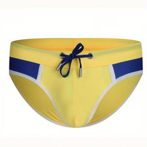 Shorts de bain pour hommes 100% polyester, couleur jaune unie, taille élastique, coupe compressive, maillots de bain personnalisables - Product Image 1