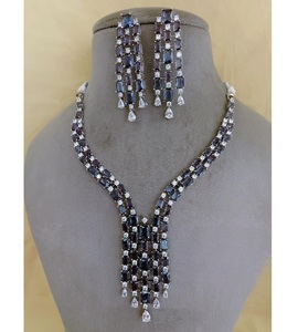 Alluring Best Quality Trendy Designer Brass <b>Silver</b> Plated Zircon Stones <b>Necklace</b> <b>Set</b> Earrings Engagement Wedding Party Wear - Product Image 1