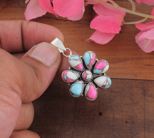 SHREE JAIPUR SILVER Pendentif Fleur Vintage Bohème en Argent Sterling 925 avec Pierre Composée Turquoise 'Cotton Candy' Fin - Product Image 2