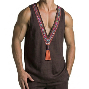 High Quality Custom Made Men's Sleeveless Shirt Deep V-Neck Ethnic Trim Tank <b>Top</b> Tassel Music <b>Festival</b> Summer Fashion Tank <b>Tops</b> - Product Image 4