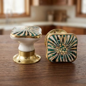 Modern Square Porcelain Cabinet <b>Knobs</b> with Green Floral Design <b>Gold</b> Trim for Kitchen Bedroom & Living Room Furniture Handles - Product Image 1