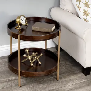 Modern Round Wooden Side <b>Table</b> with Gold Metal Frame Two-Tier Design for Living Room Indoor Furniture Decoration - Product Image 5