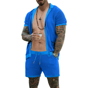 Camisas de verano para hombre, conjunto de 2 piezas de camiseta de manga corta con botones y cuello de malla hueca y pantalones cortos para vacaciones en la playa. - Product Image 3