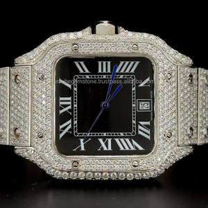 Montre avec cadran noir audacieux entièrement serti de moissanite et de diamants, double rangée de sertissage, chiffres romains blancs - Product Image 1