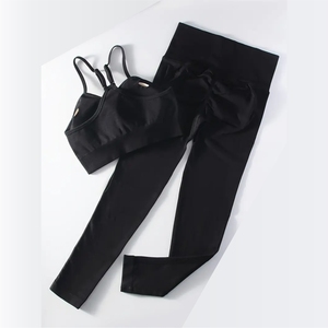 Women's <b>Black</b> 2 Piece Yoga Set Seamless Crop <b>Top</b> High Waist Full Length Leggings Sportswear for Workout - Product Image 1