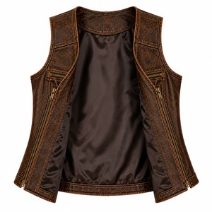 Chaleco de cuero genuino marrón vintage para mujer, chaleco de motociclista con cremallera frontal, chaleco de cuero premium con efecto desgastado, chaleco de moda. - Product Image 3