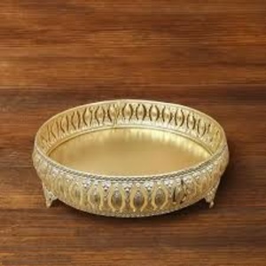 Luxury Round Gold Plated Decorative Serving <b>Tray</b> With Ornate Filigree Design Large Metal Mirrored Vanity <b>Tray</b> For <b>Perfume</b> <b>Tray</b> - Product Image 2
