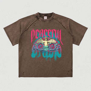 เสื้อยืดโอเวอร์ไซส์ผู้ชาย สีเบจ พิมพ์ลายกราฟิก แขนสั้น คอกลม สตรีทแวร์ แฟชั่นลำลอง เสื้อยืดลายเทวดาสันติภาพสำหรับผู้ชาย - Product Image 2