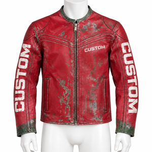 Blouson Bomber Homme en Cuir PU Rouge Personnalisé Coupe Slim Col Montant Fermeture Éclair Devant Effet Délavé Manches Classiques Vêtement Hiver - Product Image 1