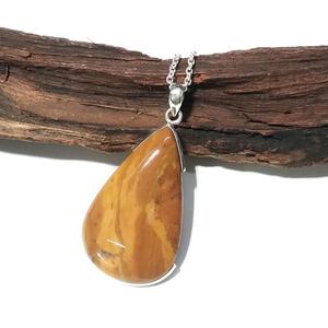 Collier pendentif en jaspe jaune naturel, acier inoxydable plaqué argent, fait main, pierre brune, style bohème - Product Image 5