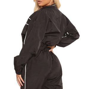 High Quality Women's 2 Piece Solid Breathable Eco-Friendly Windbreaker Oversize Zipper Cropped Top Shorts Jacket <b>Set</b> Full Length - Product Image 5