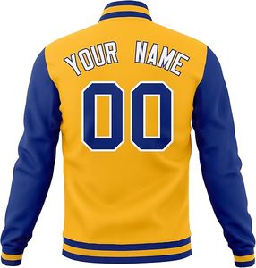 Chaquetas de Béisbol al por Mayor, Unisex, Talla Grande, Amarillas y Azules, Chaqueta Casual con Cuello de Béisbol, con Logotipo, Nombre y Número Personalizados - Product Image 3