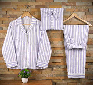 Ensemble de pyjama thermique pour femmes, tissé, 100% coton, rayé, imprimé violet dessiné à la main, dernière collection d'été - Product Image 4