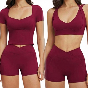 Conjunto de Yoga de 2 Piezas para Mujer, Pantalones Cortos a Cuadros con Cintura Elástica Media, Top Corto, Transpirable, Sin Costuras, Spandex, Poliéster, Secado Rápido, Ropa Deportiva - Product Image 1