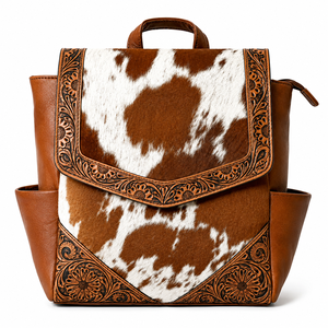 Handcrafted Hair On Cowhide Leather <b>Backpack</b> Western <b>Tooled</b> Laptop Travel Bag Vintage School Daypack Adjustable for Everyday use - Product Image 1