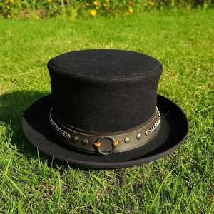 Premium quality custom Handmade Unisex Black Wool Felt Steampunk <b>Top</b> Hat Gothic Cosplay Costume - Product Image 2