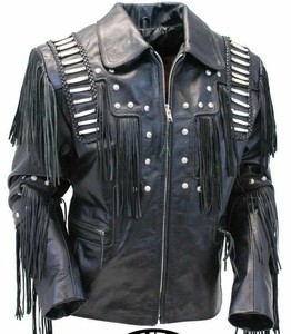 Veste en cuir véritable noir de qualité supérieure pour homme avec franges et clous argentés, style motard, col rabattu, personnalisation disponible - Product Image 1