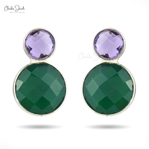 Pendientes Redondos de Plata de Ley 925 con Ónix Verde y Amatista Morada, Chapados en Oro, con Dos Piedras Preciosas, para Mujer, Más Vendidos - Product Image 2