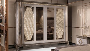 Luxury Modern Champagne Solid Teak Wood Bedroom Set King Size Bed with <b>Mirrored</b> Nightstands Grand Wardrobe and Dressing <b>Table</b> - Product Image 6