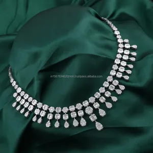 Emerald Cut Lab Grown Diamond Choker <b>Necklace</b> in White Gold with Pear Drop Dangles Bridal Wedding <b>Statement</b> Luxury Jewelry - Product Image 4