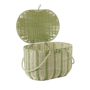 Pastel Green <b>Wicker</b> Picnic <b>Basket</b> Oval Handcrafted Rattan Food <b>Storage</b> Hamper Striped Pattern with Side Handles Outdoor Camping - Product Image 3