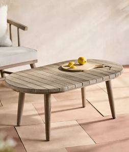Table basse en teck pour terrasse avec plateau ovale en bois et pieds effilés pour salon, patio extérieur - Product Image 1