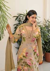 Ensemble Kurta traditionnel indien pour femmes en rayonne beige à imprimé floral, longueur genou, avec dupatta, dentelle et franges, coupe classique, décontracté, toutes saisons - Product Image 5