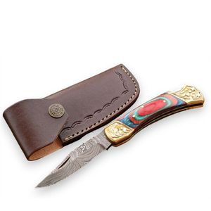 Cuchillos Plegables Compactos con Hoja de Acero con Patrón de Damasco, Empuñadura de Madera Hecha a Mano, Bolster Decorativo y Funda Protectora de Cuero - Product Image 1