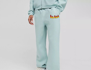Pantalon de survêtement droit vintage en laine vert menthe pour homme, taille mi-haute élastique, logo de marque imprimé par transfert thermique, idéal pour l'automne - Product Image 1