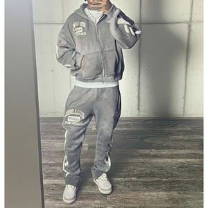 Men's Light Blue Hooded <b>Tracksuit</b> Set Full Zip Sweatshirt and Pants Streetwear Loose Fit Cotton Two Piece Sweatsuit Autumn Wear - Product Image 2