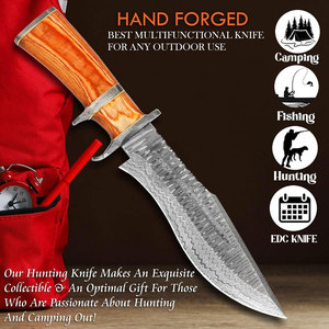 Couteau de chasse Bowie en acier Damas de 15 pouces - Lame fixe ambidextre forgée à la main - Couteau tactique de survie et de camping avec manche en bois de rose - Product Image 6