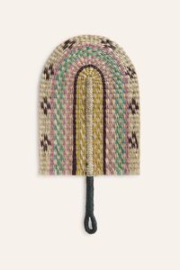 Artisan made striped seagrass <b>fan</b> in teal <b>pink</b> brown and gold traditional decorative cooling piece for living room and wall art - Product Image 2