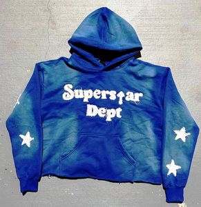 Sweat à capuche oversize en coton épais pour homme, style streetwear américain, effet délavé vintage, imprimé étoilé vieilli, pull-over - Product Image 5