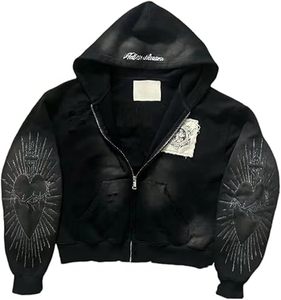 Men's Black <b>Zip</b>-<b>Up</b> Hoodie Regular Fit Digital Printing Oversized Acid Washed French Terry Streetwear Waterproof Winter Wear - Product Image 1