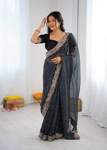 Sari en soie noire élégant avec broderie imprimée Bandhani pour mariage, style traditionnel indien pakistanais, longueur au sol, pour femmes - Product Image 2