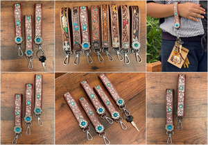 2025 usine prix de gros lanière en cuir usiné à la main Turquoise pierre Concho bracelet bracelet à la mode mousqueton porte-clés - Product Image 3