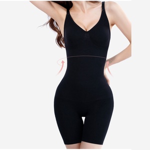 Women Knitted Spaghetti Strap Bodycon Bodysuit Tummy Control Shapewear Solid Black Above Knee Length Seamless Fit - Product Image 4